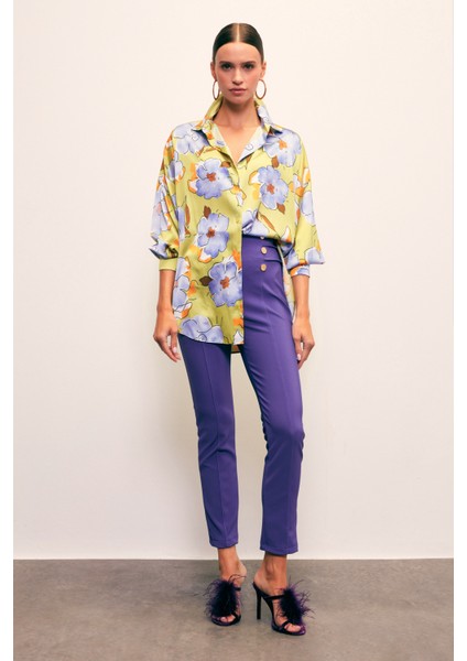 Çiçek Desenli Oversize Gömlek - Olive