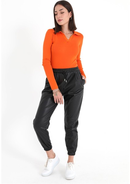 Paçası ve Beli Lastikli Pileli Deri Pantolon - Siyah modelleri