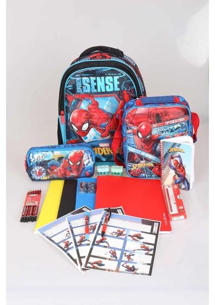 Lisanslı Spıderman Ilkokul, Beslenme ve Kalem Çantası 3'lüsü ve 500 ml Trıtan Matara Ile Kırtasiye Seti
