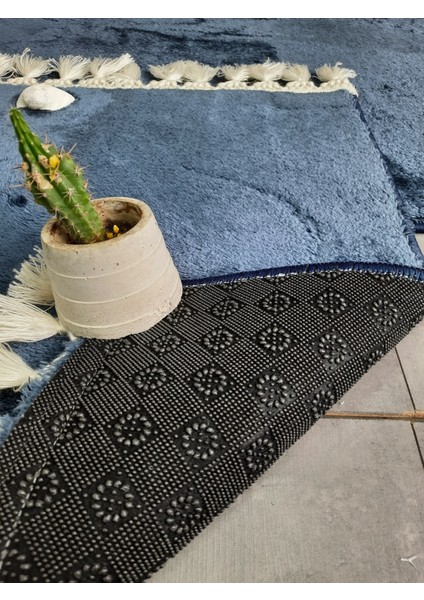 Elite Lacivert Ponpon Saçaklı Peluş 2'li Banyo Paspası Halısı Kaymaz Taban Klozet Takımı Püsküllü modelleri