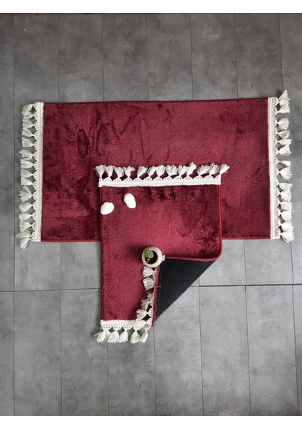 Elite Mürdüm Ponpon Saçaklı Peluş 2'li Banyo Paspası Halısı Kaymaz Taban Klozet Takımı Püsküllü