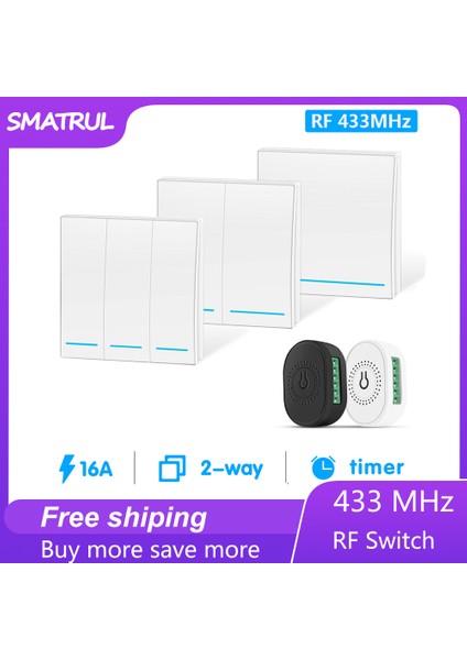 Smatrul - Kablosuz Işık Anahtarı - 433MHZ Modül Kesici - Mini 2 Yollu Kontrol Cihazı - Pres Duvar Paneli - 16A (Yurt Dışından)