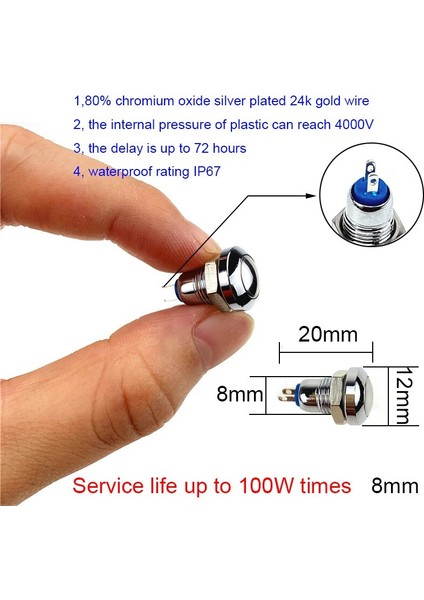 8mm IP67 Metal Basmalı Düğme Anahtarı Su Geçirmez Kendini Sıfırlama Anlık Şekil Asansör Oto Koltuk Isıtma Anahtarları (Yurt Dışından)