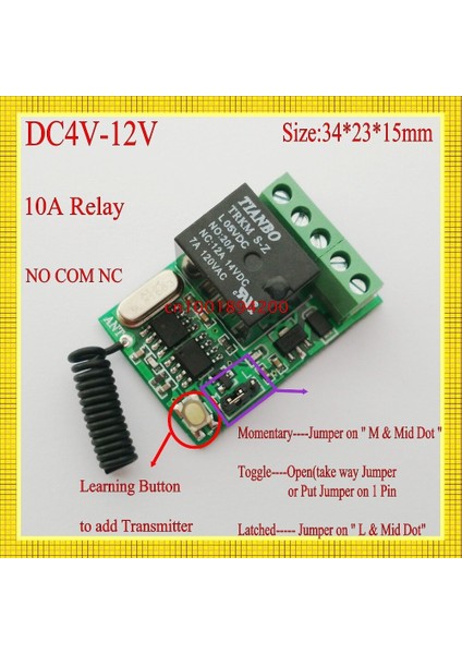 Dc 4V-12V Geniş Çalışma Gerilimi Uzaktan Kumandalı Anahtar 4.5V 5V 6V 7.4V 9V 12V 10A Röle Mini Kablosuz Kontrol Anahtarı Rf Rc No Com Nc Rxtx (Yurt Dışından)