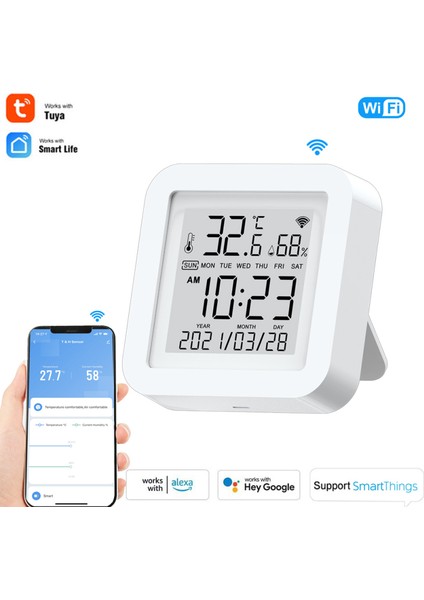 Wifi Sıcaklık ve Nem Sensörü USB Gücü LCD Ekranlı Ekran Alexa Google Assistant ile Çalışan Smartthings Destekli Akıllı Yaşam/tuya Akıllı Profesyonel Tasarım (Yurt Dışından)