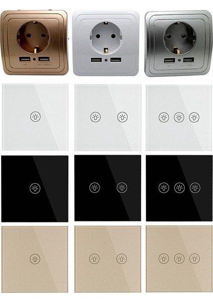 Akıllı Ev Duvar Dokunmatik Anahtarı Ab/ingiltere ve Ab Standart Priz Çift USB Anahtarları Kristal Cam 1 2 3 Gang 1 Yollu Duvar (Yurt Dışından)