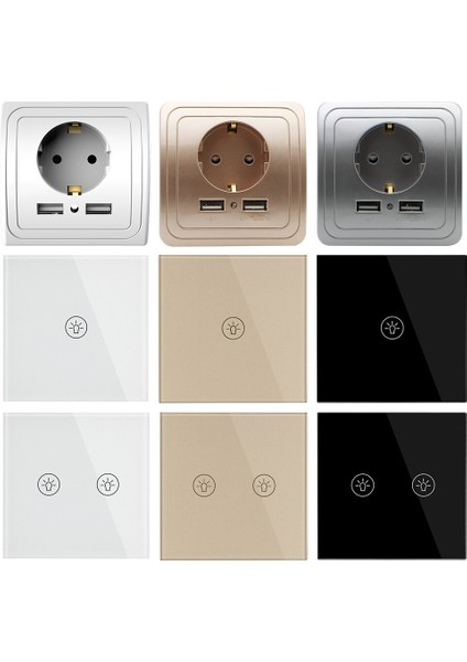 Akıllı Ev Duvar Dokunmatik Anahtarı Ab/ingiltere ve Ab Standart Priz Çift USB Anahtarları Kristal Cam 1 2 3 Gang 1 Yollu Duvar (Yurt Dışından) modelleri