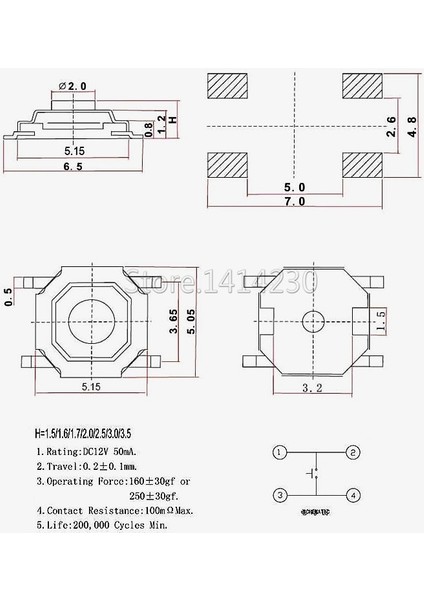 Dokunsal Basma Düğmesi Anahtarı Anlık Inceliğini 5.2x5.2 / 4X4X1.5MM/1.6/1.7/2/2.5/3/3.5/4.3/5/6H/MM 4pin Smd Sur Montaj Mini Anahtarı (Yurt Dışından) modelleri