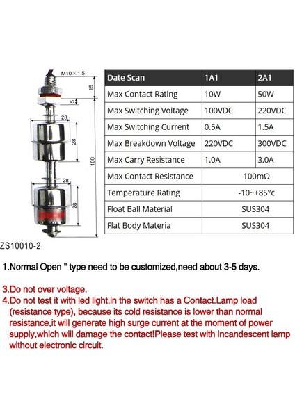 M10 * 100MM Çift Seviye Kontrolü Paslanmaz Çelik Su Seviyesi Sensörü Sıvı Şamandıra Anahtarı 220V 1.5A 50W 45-120MM Normal Yakın (Yurt Dışından) modelleri