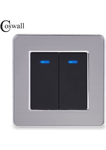 Coswall Paslanmaz Çelik Panel 2 Gang 1 Yollu Işık Anahtarı Açma / Kapama Duvar Anahtarı LED Göstergesi ile 16A Siyah Renk (Yurt Dışından)