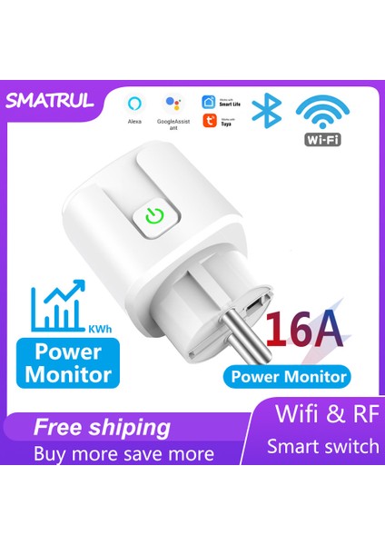 Smatrul - Wifi Soketi - Güç Monitörü - 16A/20A Priz - 100-240V Fiş - Alexa/ Google Home Için (Yurt Dışından)