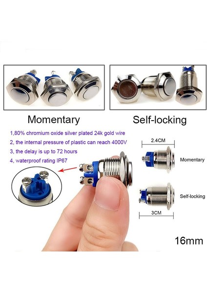 Monzydq 16MM IP67 Metal Basmalı Düğme Anahtarı Su Geçirmez Kendini Sıfırlama Anlık Kilitleme Mandallama Yok Yüksek/düz/anlık (Yurt Dışından) modelleri