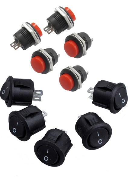 Adet Spst Siyah Düğme Açma/kapama Yuvarlak Rocker Anahtarı Ac 6A/125V 3A/250V ve 5 x Anlık Spst Kırmızı Yok (Yurt Dışından)