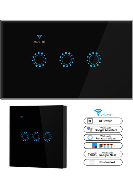 Akıllı Işık Anahtarı Çift Kontrol 1 2 3 Gang Wifi + Rf Duvar Dokunmatik Anahtarı Ewelink App Alexa Google Asistan Ifttt ile Uyumlu (Yurt Dışından)