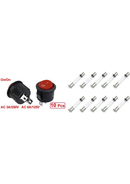 10 Adet Spdt Siyah Kırmızı Düğme Açma/açık Yuvarlak Rocker Anahtarı ve 10 Adet Hızlı Darbe Tipi Cam Tüp Sigortalar 6X30MM 250V 5AMP (Yurt Dışından)