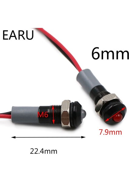 Siyah Gövde 6mm Su Geçirmez IP67 Metal LED Uyarı Gösterge Işığı Sinyal Lambası Pilot Tel Roud Düz 5V 12V 24V 110V 220V Kırmızı Mavi (Yurt Dışından)