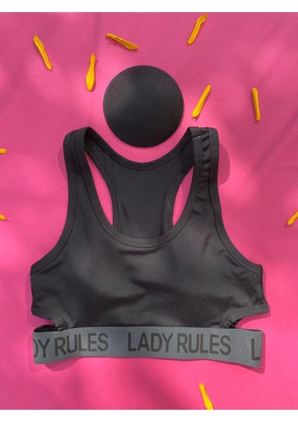 Çıkarılabilir Pedli Kalın Askılı U Yaka Yanlar Açık 'lady Rules' Yazılı Dalgıç Kumaş Crop