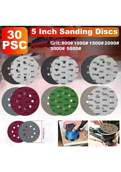 30 Adet 5 Inç Zımpara Diski Setleri, Kanca ve Döngü 5 Inç 8 Delik Kombinasyonu (800/1000/1500/2000/3000/5000) Zımpara Kağıdı Silikon Caide (Yurt Dışından)