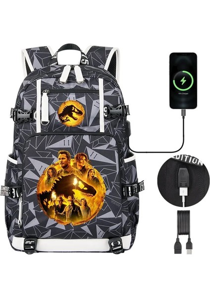 Jurassic World Dominion 3 Yüksek Kaliteli Çocuk Sırt Çantası Erkek Öğrenciler Schoolbag USB Şarj Gençler Dizüstü Omuz Çantası (Yurt Dışından)