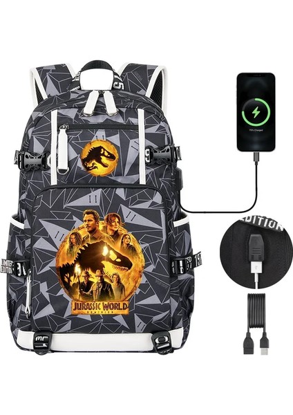 Jurassic World Dominion 3 Yüksek Kaliteli Çocuk Sırt Çantası Erkek Öğrenciler Schoolbag USB Şarj Gençler Dizüstü Omuz Çantası (Yurt Dışından)