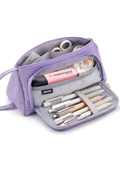 Büyük Kapasiteli Renkli Keten Depolama Kılıfı Işaretleyici Kalem Kalem Kutusu Çok Yuvalı Kırtasiye Çanta Tutucu Orta Lise Ofis Öğrenci Hediye Için Mor (Yurt Dışından)