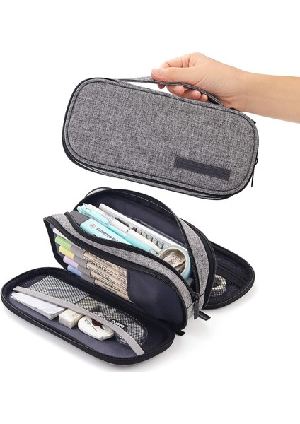 Kalem Kutusu Büyük Kapasiteli El 3 Bölmeli Kalem Kılıfı Yetişkin Öğrenciler Için Taşınabilir Büyük Depolama Kanvas Kalem Çantası Iş Ofisi (Gri) (Yurt Dışından)