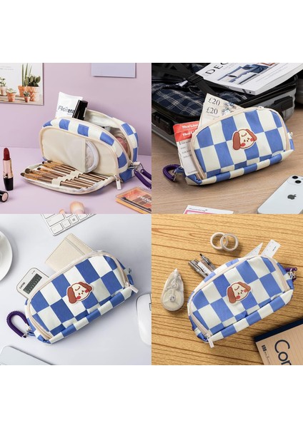 Kalem Kalem Kutusu Büyük Kapasiteli Kanvas Kese Saklama Çantası Çıkarılabilir Bahar Kayışı ile Okul Ofis Koleji Için Dama Tahtası Ekose (Mavi Beyaz Ekose) (Yurt Dışından) fiyatları