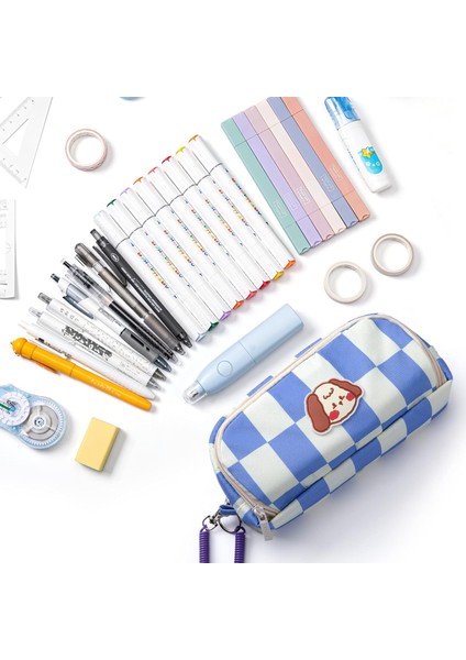 Kalem Kalem Kutusu Büyük Kapasiteli Kanvas Kese Saklama Çantası Çıkarılabilir Bahar Kayışı ile Okul Ofis Koleji Için Dama Tahtası Ekose (Mavi Beyaz Ekose) (Yurt Dışından) modelleri