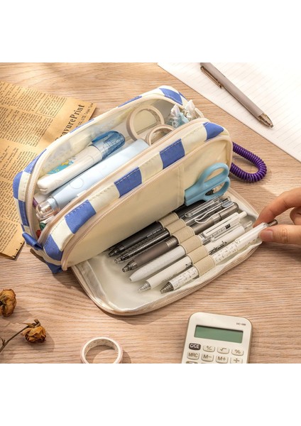 Kalem Kalem Kutusu Büyük Kapasiteli Kanvas Kese Saklama Çantası Çıkarılabilir Bahar Kayışı ile Okul Ofis Koleji Için Dama Tahtası Ekose (Mavi Beyaz Ekose) (Yurt Dışından) fırsatları