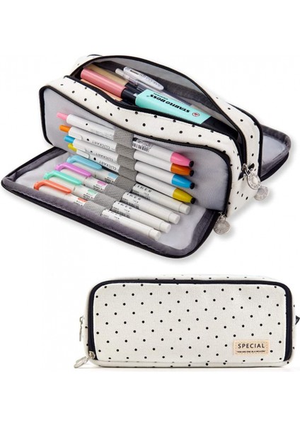 Büyük Kalem Kutusu Büyük Kapasiteli 3 Bölmeli Genç Erkek Kız Okul Öğrencileri Için Tuval Kalem Çantası (Siyah Nokta) (Yurt Dışından)