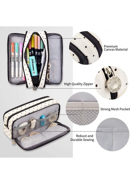 Büyük Kalem Kutusu Büyük Kapasiteli 3 Bölmeli Genç Erkek Kız Okul Öğrencileri Için Tuval Kalem Çantası (Siyah Nokta) (Yurt Dışından) fiyatları