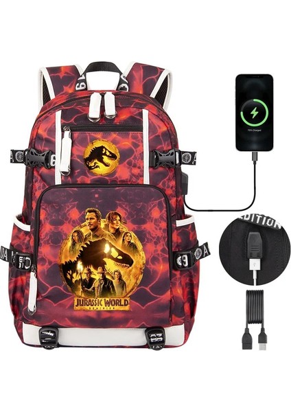Jurassic World Dominion 3 Yüksek Kaliteli Çocuk Sırt Çantası Erkek Öğrenciler Schoolbag USB Şarj Gençler Dizüstü Omuz Çantası (Yurt Dışından)