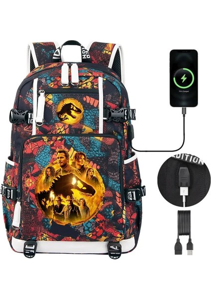 Jurassic World Dominion 3 Yüksek Kaliteli Çocuk Sırt Çantası Erkek Öğrenciler Schoolbag USB Şarj Gençler Dizüstü Omuz Çantası (Yurt Dışından)