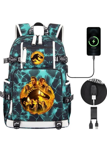 Jurassic World Dominion 3 Yüksek Kaliteli Çocuk Sırt Çantası Erkek Öğrenciler Schoolbag USB Şarj Gençler Dizüstü Omuz Çantası (Yurt Dışından)