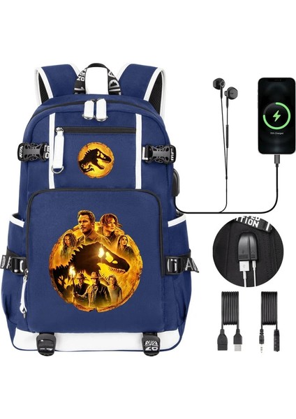 Jurassic World Dominion 3 Yüksek Kaliteli Çocuk Sırt Çantası Erkek Öğrenciler Schoolbag USB Şarj Gençler Dizüstü Omuz Çantası (Yurt Dışından)