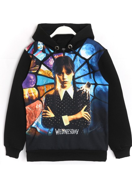 3D Baskılı Kız Çocuk Wednesday Addams 3 Ip Şardonlu Kışlık Kapüşonlu Sweatshirt