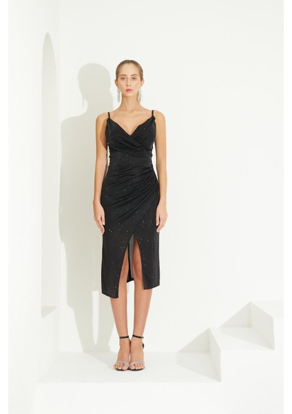 Askılı Siyah Yırtmaçlı Abiye Elbise fiyatları