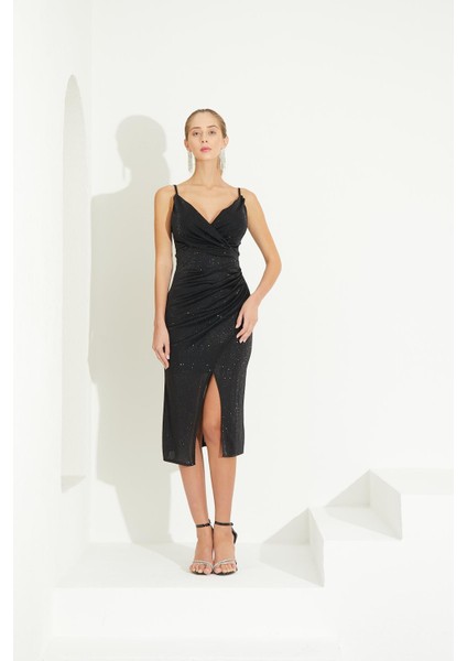 Askılı Siyah Yırtmaçlı Abiye Elbise modelleri