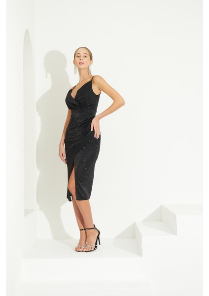 Askılı Siyah Yırtmaçlı Abiye Elbise fırsatları