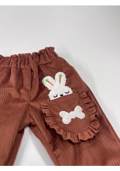 Canix Kids Kız Çocuk Fırfırlı Tavşanlı Kadife Pantolon