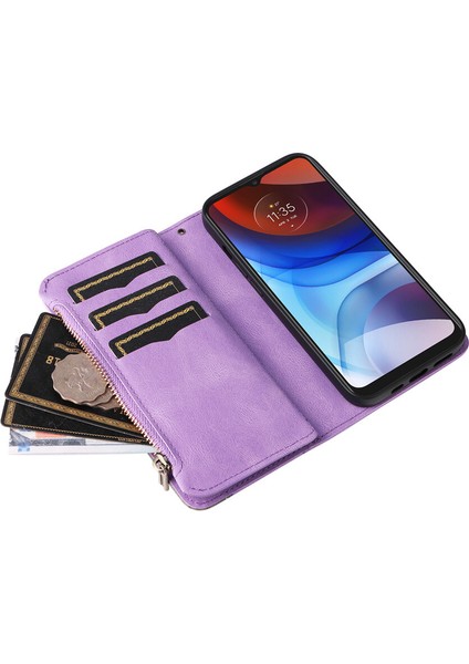 Durumda Motorola E7 Power Dokuz Kart Yuvalı Zip Cüzdan Suni Deri Manyetik Kapatma Telefon Kılıfı (Yurt Dışından)