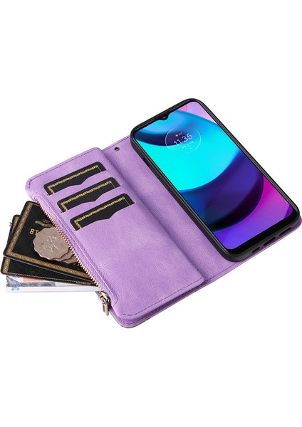 Durumda Motorola E20/E30/E40 Dokuz Kart Yuvalı Zip Cüzdan Suni Deri Manyetik Kapatma Telefon Kılıfı (Yurt Dışından)