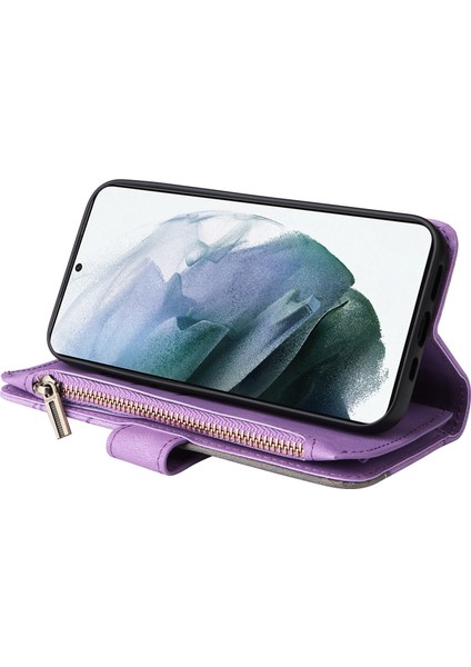 Durumda Samsung Galaxy S21 Plus Dokuz Kart Yuvalı Zip Cüzdan Suni Deri Manyetik Kapatma Telefon Kılıfı (Yurt Dışından)
