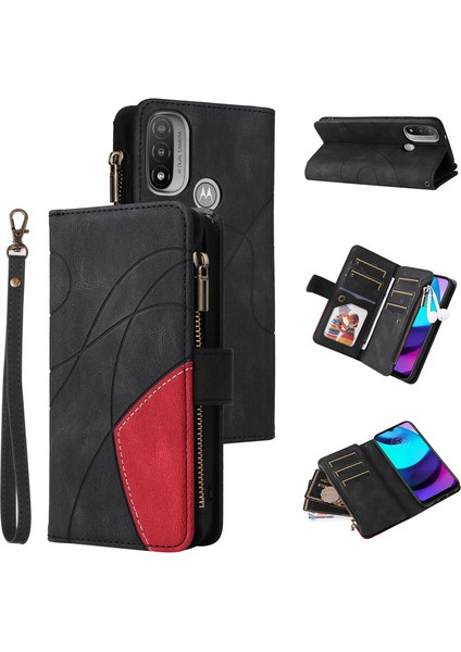 Durumda Motorola E20/E30/E40 Dokuz Kart Yuvalı Zip Cüzdan Suni Deri Manyetik Kapatma Telefon Kılıfı (Yurt Dışından)
