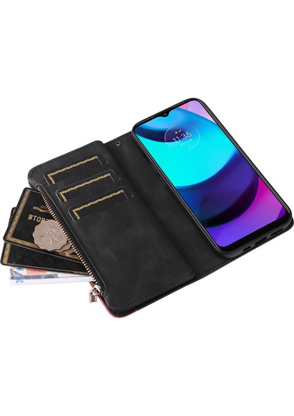 Durumda Motorola E20/E30/E40 Dokuz Kart Yuvalı Zip Cüzdan Suni Deri Manyetik Kapatma Telefon Kılıfı (Yurt Dışından) fırsatları
