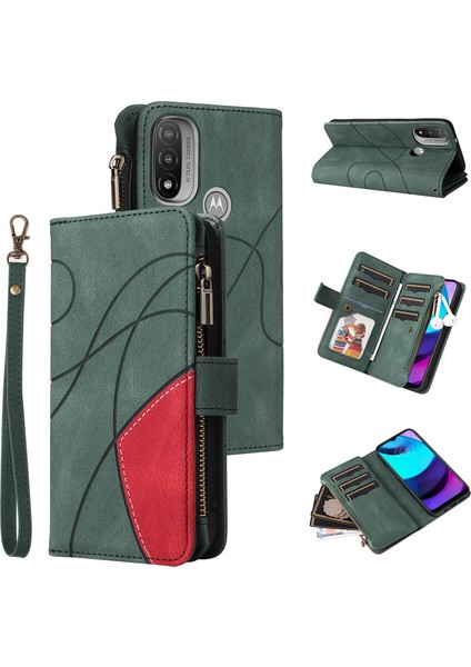 Durumda Motorola E20/E30/E40 Dokuz Kart Yuvalı Zip Cüzdan Suni Deri Manyetik Kapatma Telefon Kılıfı (Yurt Dışından)