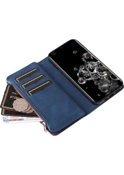 Durumda Samsung Galaxy S20 Ultra Dokuz Kart Yuvalı Zip Cüzdan Suni Deri Manyetik Kapatma Telefon Kılıfı (Yurt Dışından)