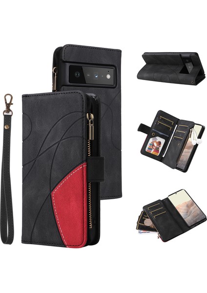 Durumda Google Pixel 6 Pro Dokuz Kart Yuvalı Zip Cüzdan Suni Deri Manyetik Kapatma Telefon Kılıfı (Yurt Dışından)