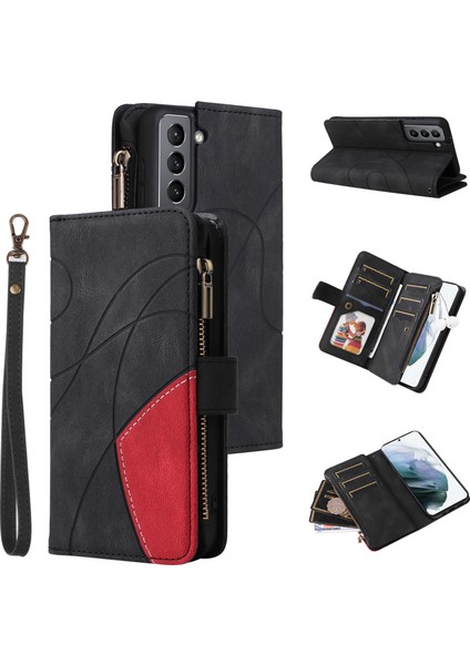 Durumda Samsung Galaxy S21 Dokuz Kart Yuvalı Zip Cüzdan Suni Deri Manyetik Kapatma Telefon Kılıfı (Yurt Dışından)