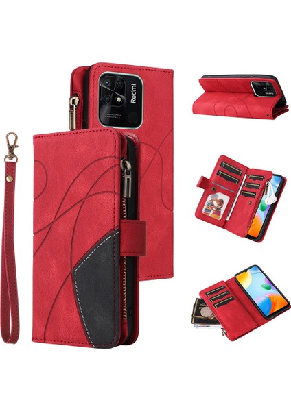 Durumda Xiaomi Redmi 10C Dokuz Kart Yuvalı Zip Cüzdan Suni Deri Manyetik Kapatma Telefon Kılıfı (Yurt Dışından)
